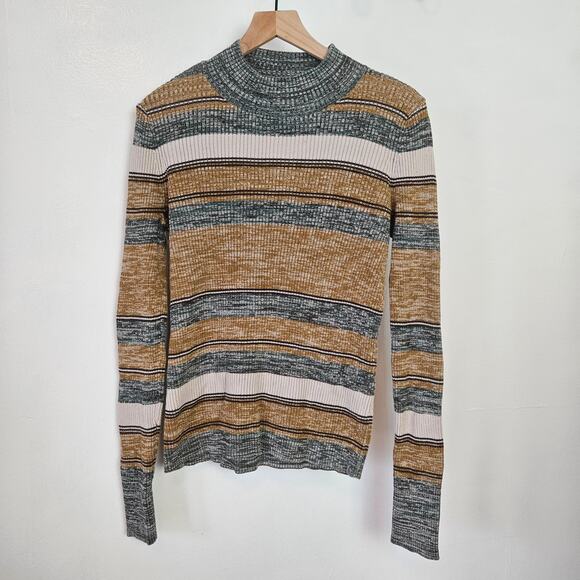 Prana Acadia Sweater Ribbed Stripe Mock Neck L Tan‎ Green Ivory - Picture 2 of 6